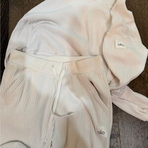 Alo Cream Ribbed Hoodie and Joggers Set